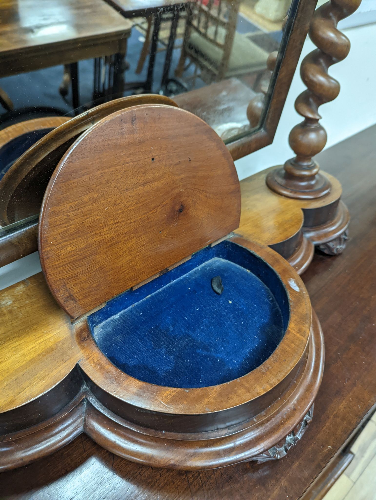 A Victorian mahogany barley twist toilet mirror, width 78cm, depth 29cm, height 76cm